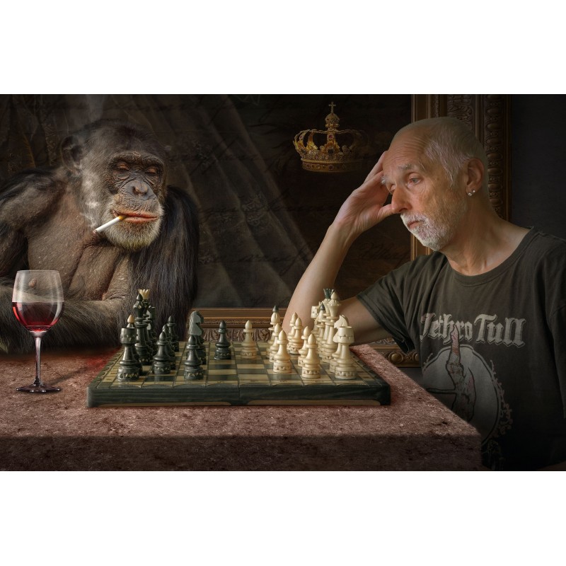 Un singe et un homme devant un jeu d\'échec