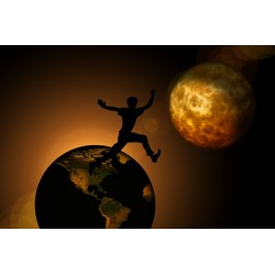 Homme qui saute les bras levés de la Terre vers la Lune